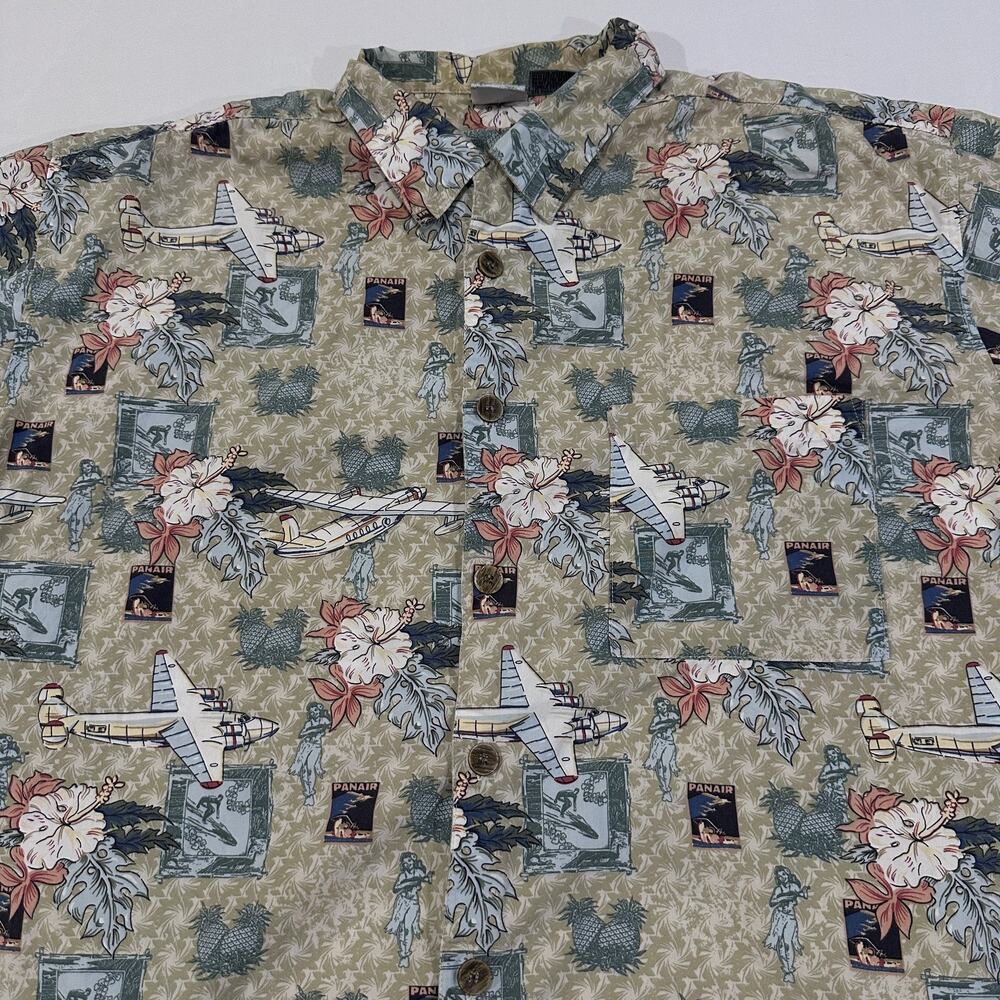 OP Shirt Mens XL Beige Floral Hawaiian Button Up Short Sleeve Pockets Airplane